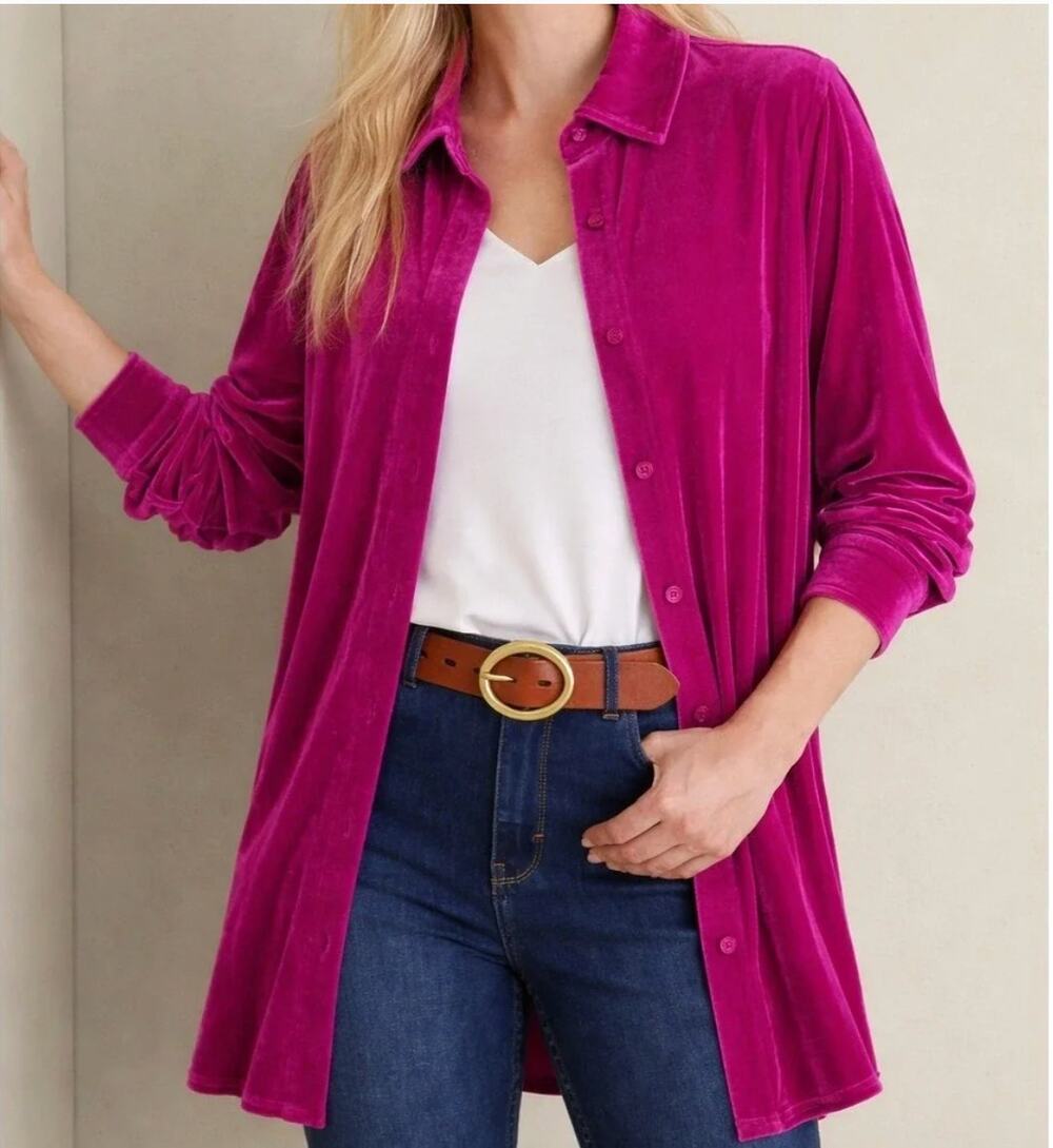 Soft Surroundings Velvet Boyfriend Shirt Tunic | Fiery Fuchsia Pink | Sz Medium